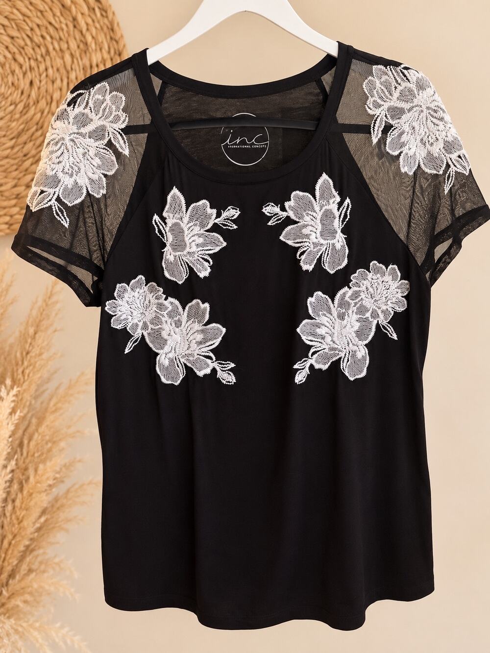 NWT INC International Concepts Black Floral Lace Sleeve Top Women’s